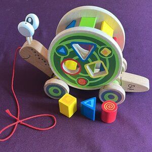Walk-Along Snail Wooden Pull Toy with Shape Sorter